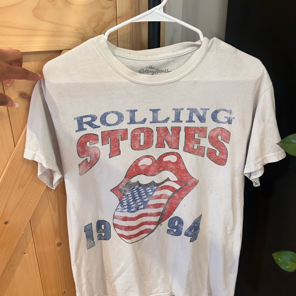 the Rolling Stones White Tee with Red & Blue Tongue Graphic